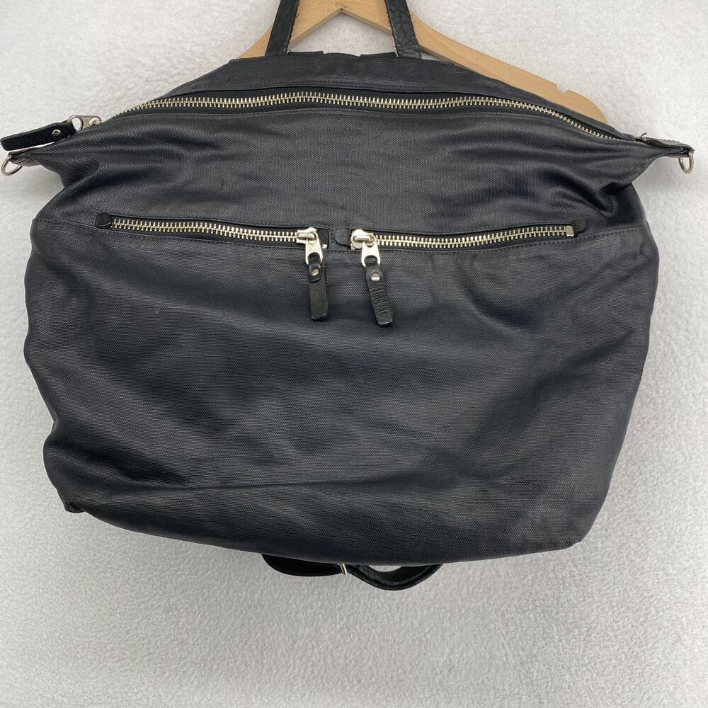 M0851 Backpack Coated Canvas Leather Straps Utility Bag Zip Multi Pocket Black - Picture 3 of 16